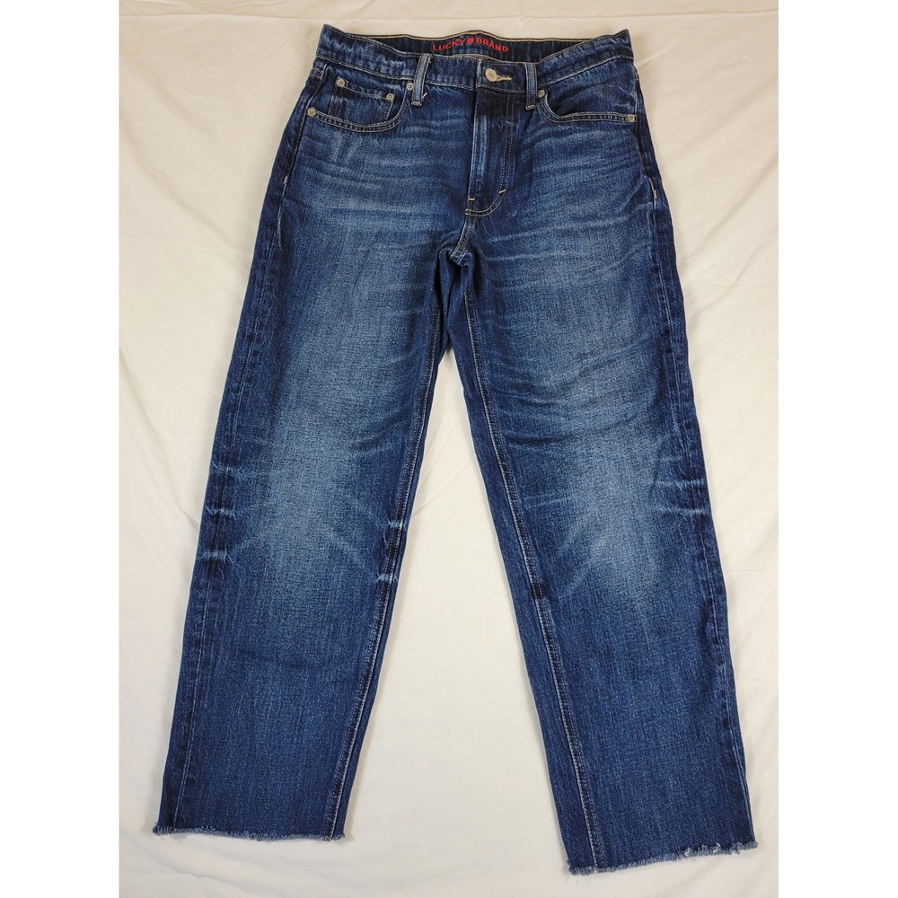 Lucky Brand Boy Mid Rise Relaxed Straight Jeans Dark Wash Raw Hem 6/28R 119242